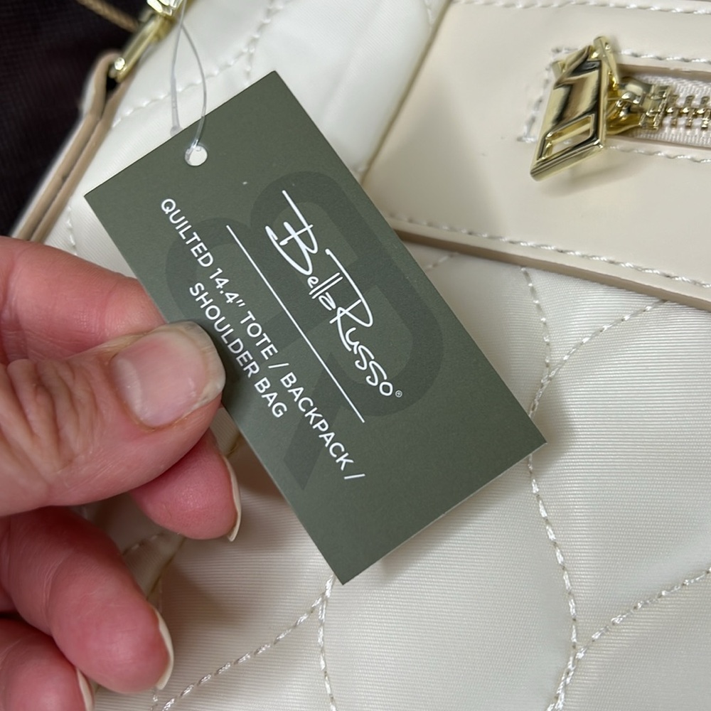 NWT Bella Russo Quilted Tote/ Backpack/ Shoulder bag 14.4" Off White Beige - Picture 3 of 5